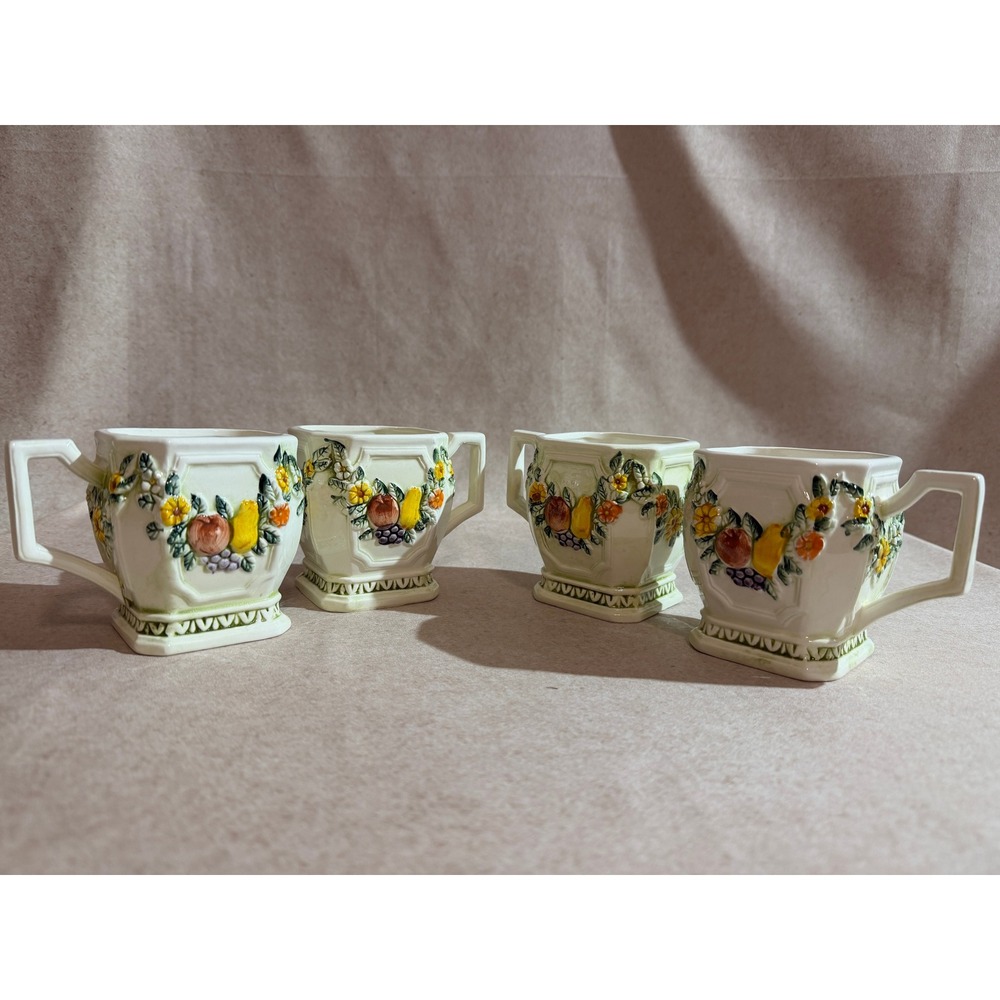 Lefton Fruit Fantasia Daisy Raised Relief Ceramic Mugs Set of 4 Square Pedestal